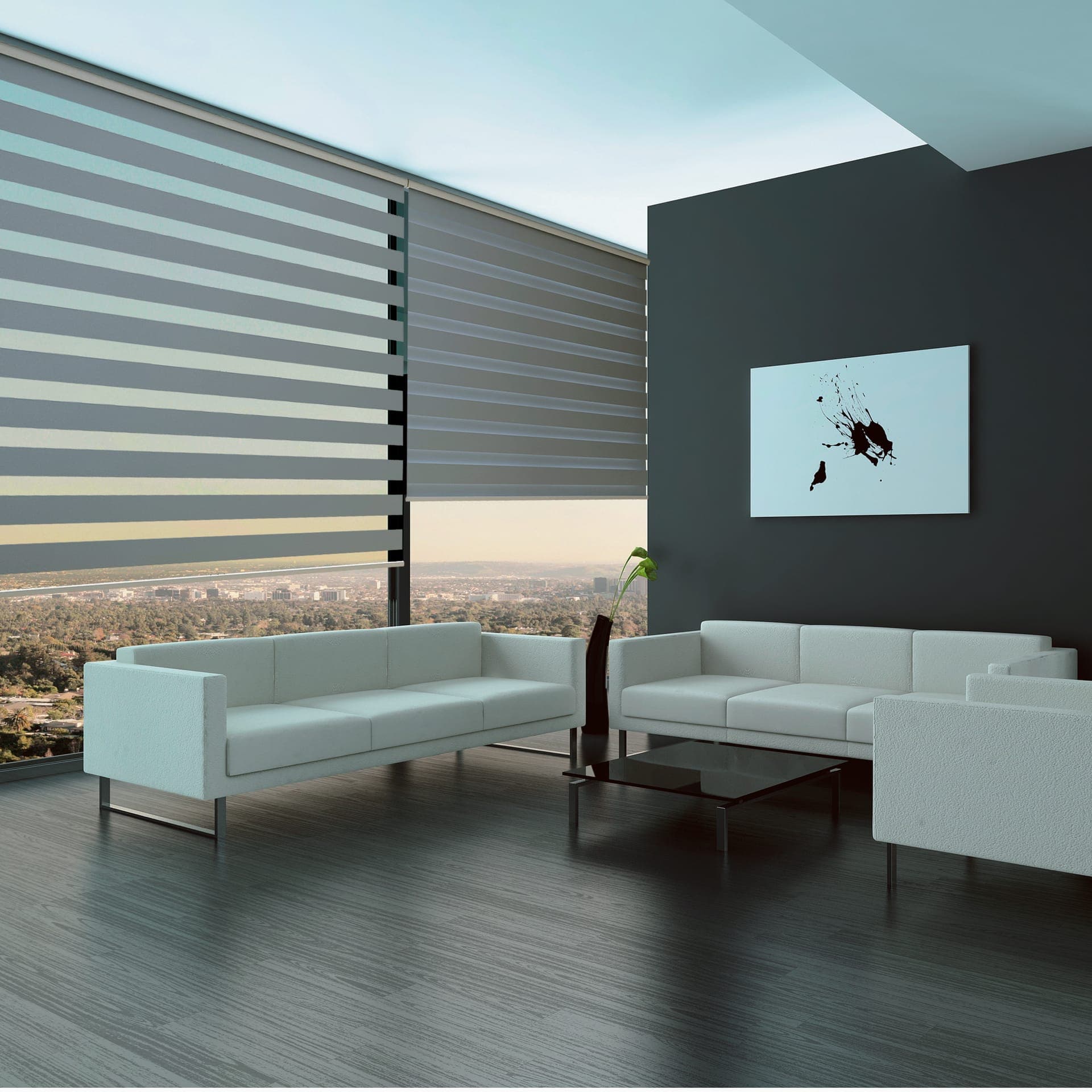 Motorized zebra shade blinds installed in a Bay Area home Motorized zebra shade blinds installed in a Bay Area home