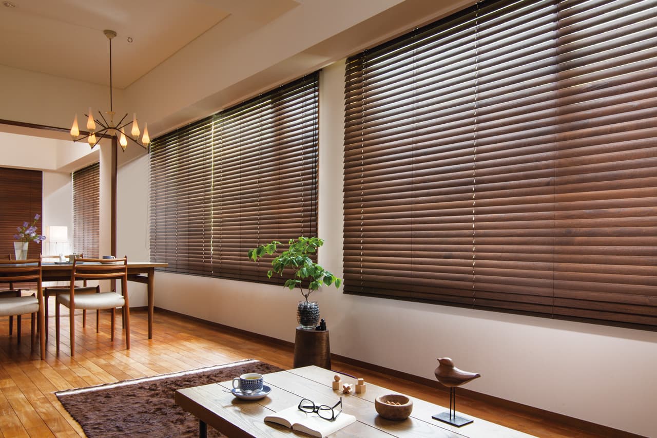 Custom wood blinds installed in a Bay Area living room Custom wood blinds installed in a Bay Area living room